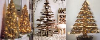 Drevené vianočné stromčeky zo šišiek , konárov , prútia a drevených dosiek .