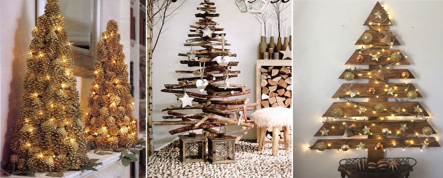 Drevené vianočné stromčeky zo šišiek , konárov , prútia a drevených dosiek .