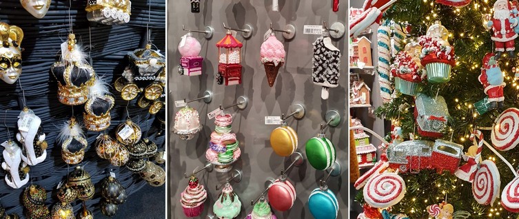 Na obrázku je mnoho moderných vianočných ozdob z najväčšej Vianočnej výstavy na svete vo Frankfurte.