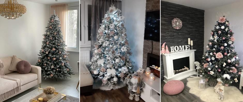 Tri moderne ozdobené vianočné stromčeky s roznými vianočnými ozdobami .