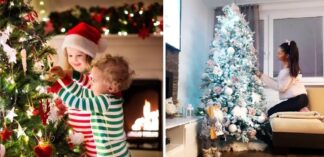 Na prvom obrázku sú dve deti, ktoré ozdobujú stromček a na druhom obrázku je žena, ktorá stavia stromček.