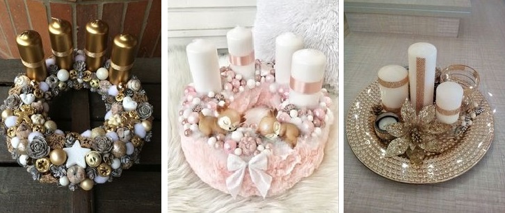 Adventné vence, zlaté a ružový. Zlatý adventný veniec z gúľ so zlatými sviečkami, ružový adventný veniec s bielymi sviečkami a zlatý adventný veniec na podnose s bielymi sviečkami.