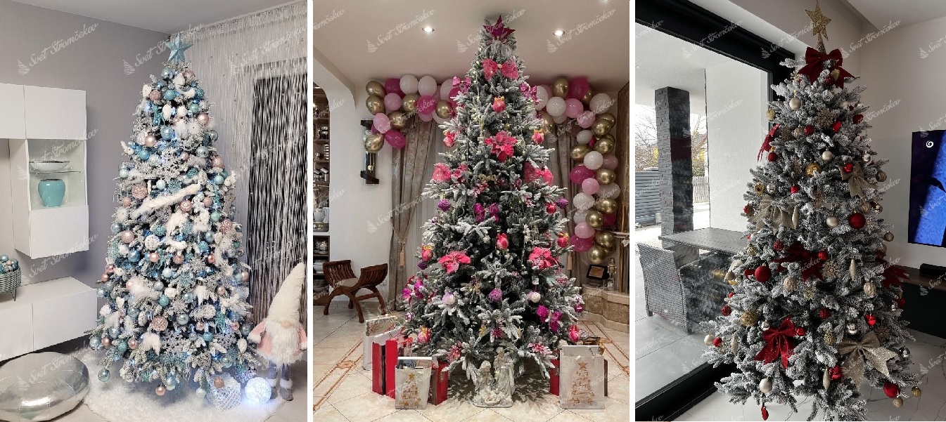 Biele vianočné stromčeky ozdobené