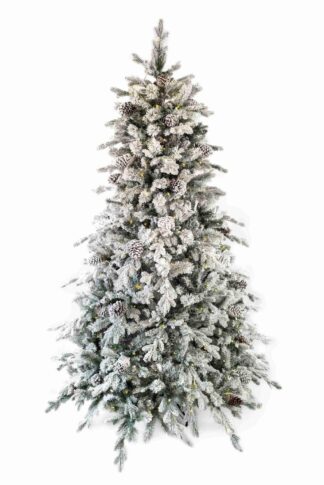 Umelý vianočný stromček 3D Smrek Polárny LED má husto zasnežené vetvičky ozdobené šiškami.