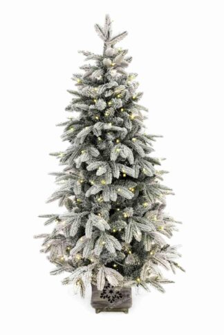 Umelý vianočný stromček 3D Smrek Arktický v kvetináči LED má zasnežené vetvičky a je osadený v modernom kvetináči.