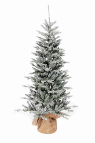 Umelý vianočný stromček 3D Smrek Mrazivý v kvetináči. Stromček má jemne zasnežené ihličie a je osadný v kvetináči obaleným jutovinou.